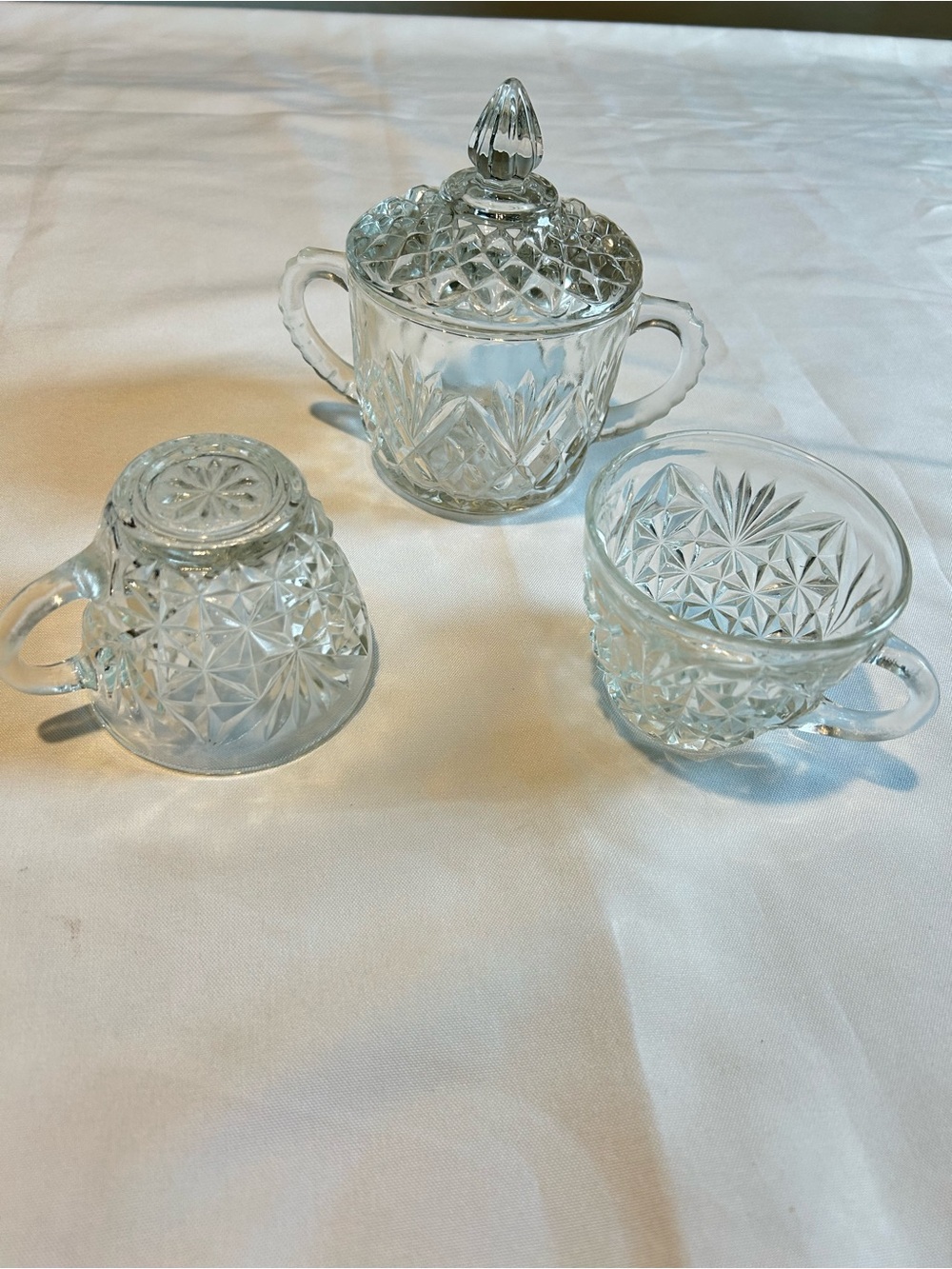 Vintage Clear Pressed Glass Sugar Bowl with Lid and 2 Cups Set Cottagecore